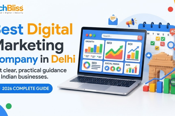 TechBliss blog banner for the best digital marketing company in Delhi featuring a laptop, digital marketing metrics, and a 3D India Gate icon.