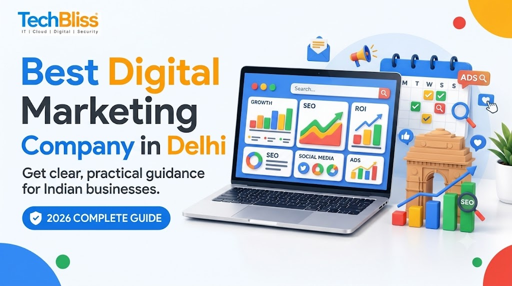 TechBliss blog banner for the best digital marketing company in Delhi featuring a laptop, digital marketing metrics, and a 3D India Gate icon.